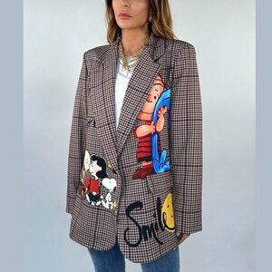 Loowie Italian Brown Blazer Jacket Peanuts Print Size L Houndstooth Pattern